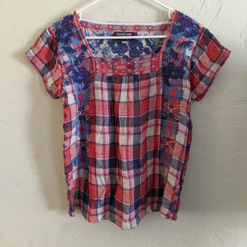 Johnny Was Workshop Plaid Embroidered Blouse